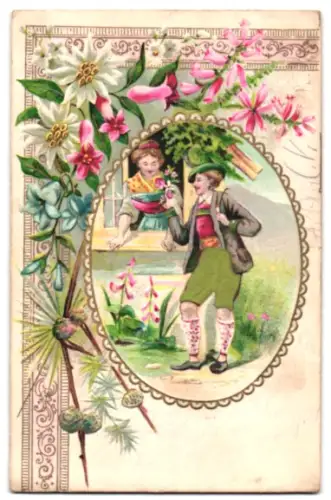 Stoff-Präge-AK Trachtenpaar, Blumengeschenk, Edelweiss, Ornamente