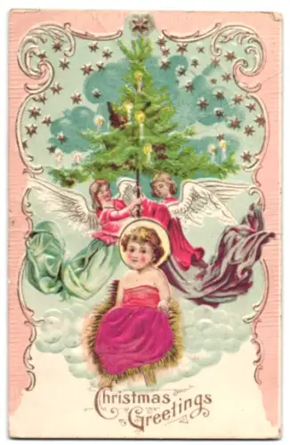 Stoff-Präge-AK Jesuskind mit Purpurgewand, Engel mit Lichterbaum, Weihnachtsgruss