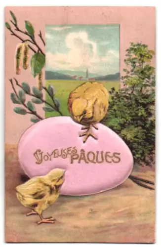 Seiden-AK Küken tummeln sich um ein grosses Ei, Joyeuses Paques