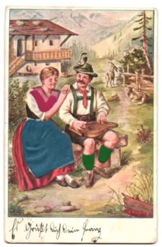 Stoff-Präge-AK Trachtenpaar mit Zither in dörflicher Idylle, Ziegen