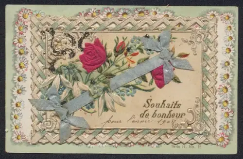 Stoff-Präge-AK Rosen, Vergissmeinnicht, blaue Schleifen, Blumen, Ornamente