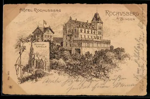 Lithographie Rochusberg a. Bingen, Hôtel Rochusberg und Kapelle