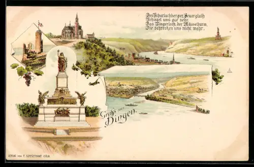 Lithographie Bingen, Ortsansicht mit Burg und Hafenpartie
