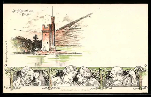 Lithographie Bingen / Rhein, Blick auf den Mäuseturm