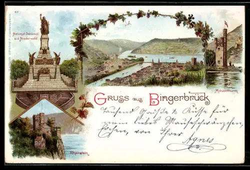 Lithographie Bingen am Rhein, Nationaldenkmal, Mäuseturm, Burg
