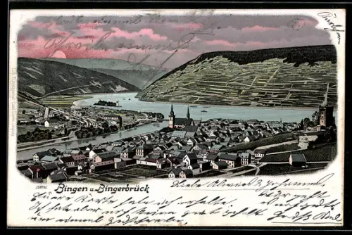 Lithographie Bingen / Rhein, Panorama mit Bingerbrück im Sonnenuntergang