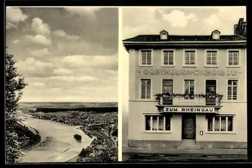 AK Bingen /Rhein, Gasthaus Rheingau am Rheinkai 8, Aussenansicht und Teilansicht des Ortes