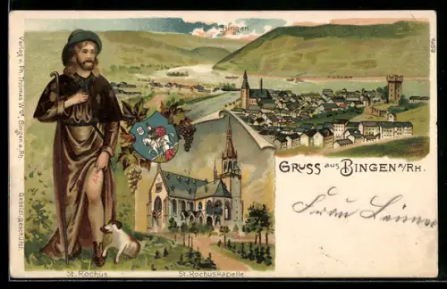Lithographie Bingen a. Rh., Totalansicht, Kapelle und St. Rochus mit Hund