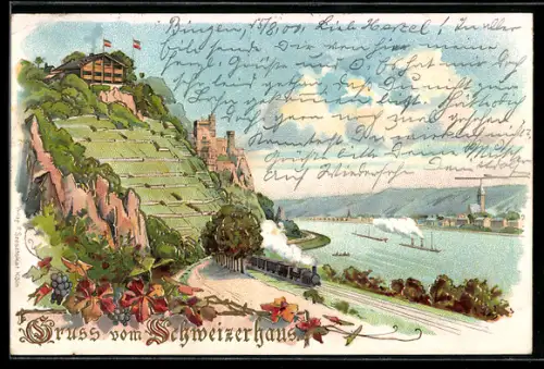 Lithographie Trechtingshausen, Ortsansicht m. Eisenbahn und Dampfschiffe