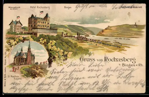 Lithographie Bingen, Hotel Rochusberg und Nebengebäude, Rochus Kapelle