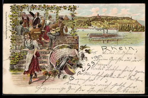 Lithographie Dampfer auf dem Rhein, Gäste bei Gesang & Wein