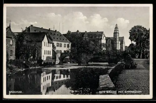 AK Hadamar, Alte Brücke mit Gymnasium und Kirchturm