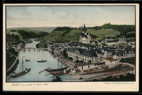 Künstler-AK Diez a. d. Lahn, Vogelschau auf den Ort mit Kirche im Jahre 1825