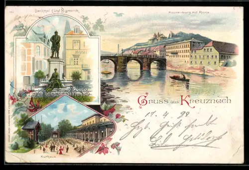 Lithographie Bad Kreuznach, Denkmal Fürst Bismarck, Hotel, Kurhaus, Kauzenburg mit Ruine