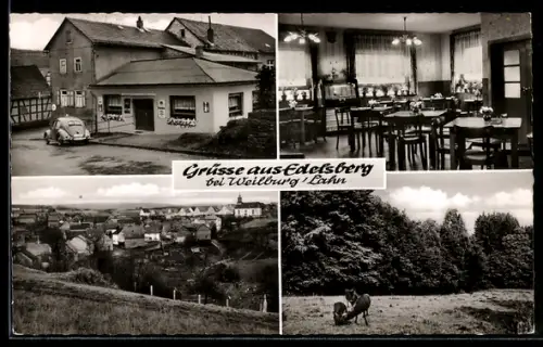AK Edelsberg /Weilburg, Gasthaus von Erich Ahäuser, Aussen- und Innenansicht