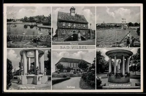AK Bad Vilbel, Rathaus, Friedrich-Karl-Sprudel, Hassla-Sprudel, Kurhaus