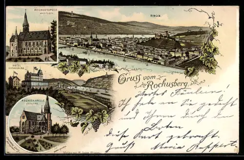 Lithographie Bingen, Rochuskapelle, Hotel Rochusberg, Stadtansicht
