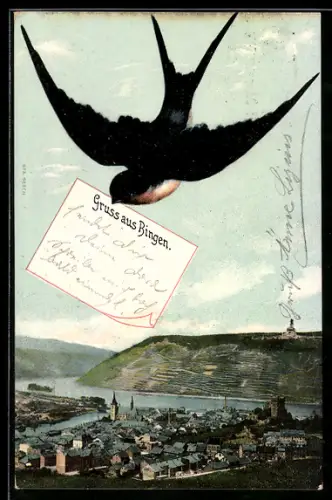 Schwalben-AK Bingen, Ortsansicht mit Schwalbe