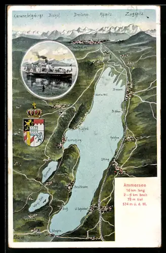 Künstler-AK Eugen Felle: Diessen /Ammersee, Übersichtskarte des Sees mit Städten, Dampfer, Wappen