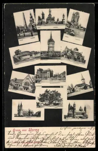 Mikroskop-AK Worms, Liebfrauenkirche, Ludwigs-Obelisk, Eisenbahnbrücke