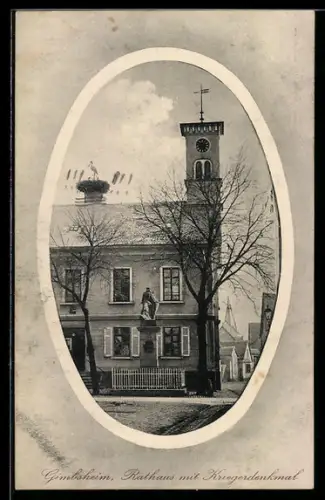 AK Gimbsheim, Rathaus mit Kriegerdenkmal