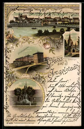 Lithographie Ingolstadt, Stadtansicht, Kreuztor, Kriegerdenkmal