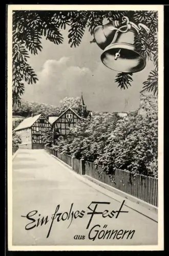 AK Gönnern, Verschneite Fachwerkhäuser, Weihnachtsglocken
