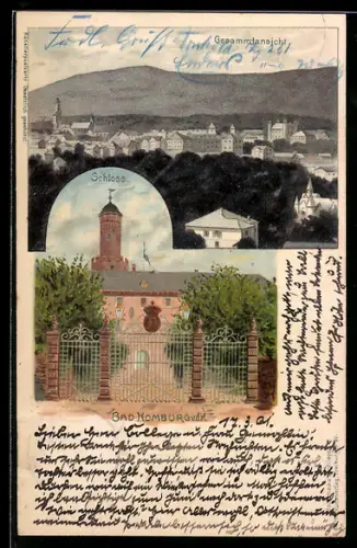 Lithographie Bad Homburg v. d. Höhe, Gesamtansicht, Schloss