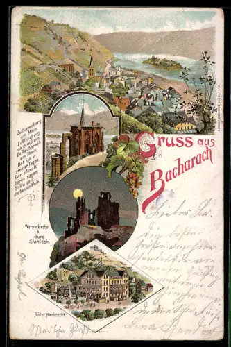 Lithographie Bacharach, Hotel Herbrecht, Wernerkirche, Burg Stahleck