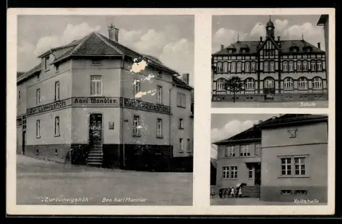 AK Watzenborn b. Giessen, Gasthaus Zur Ludwigshöh, Inh. Karl Mandler, Schule, Volkshalle