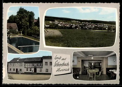 AK Seibersbach /Hunsrück, Gasthaus Zur Post, Bes. Willi Becker, Schwimmbad, Ortsansicht