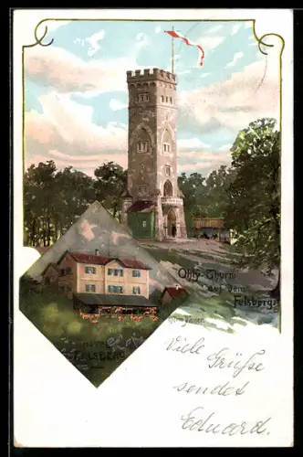 Künstler-AK Zeno Diemer: Lautertal, Ohly-Thurm auf dem Felsberg, Hotel Felsberg