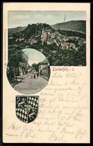 AK Lindenfels i. Odenwald, Gesamtansicht, Gumbenerstrasse, Wappen