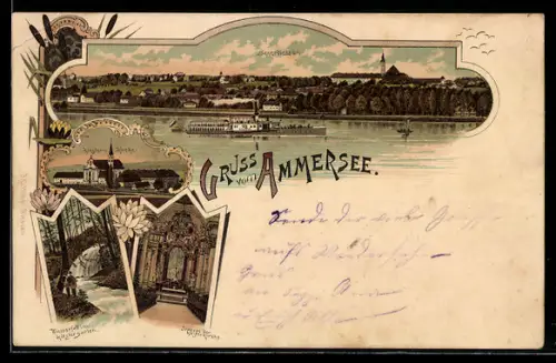 Lithographie Beyerdiessen, Ammersee, Kloster und Kirche, Dampfer, Wasserfall im Klostergarten