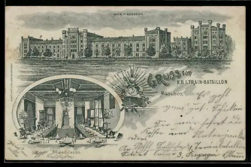 Lithographie München, Max II. Kaserne, K.B. 1. Train-Bataillon, Offiziers-Casino