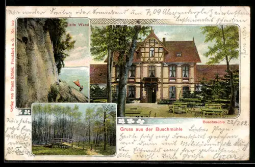 Lithographie Frankfurt / Oder, Gasthaus Buschmühle, Steile Wand, Waldpartie mit Brücke
