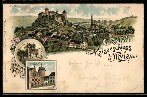 Lithographie Mylau, Kaiserschloss, Schlosshof, Rathaus, Viadukt