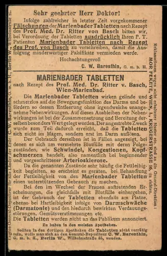 AK Marienbader Tabletten nach Rezept des Prof. Dr. Ritter v. Basch, Korrespondenzkarte, Ganzsache
