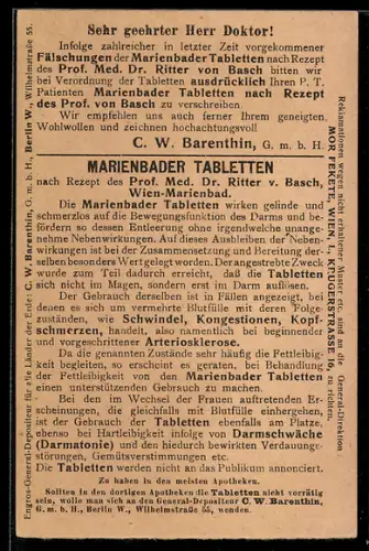 AK Marienbader Tabletten nach Rezept des Prof. Dr. Ritter v. Basch, Korrespondenzkarte, Ganzsache
