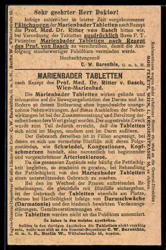 AK Marienbader Tabletten nach Rezept des Prof. Dr. Ritter v. Basch, Korrespondenzkarte, Ganzsache