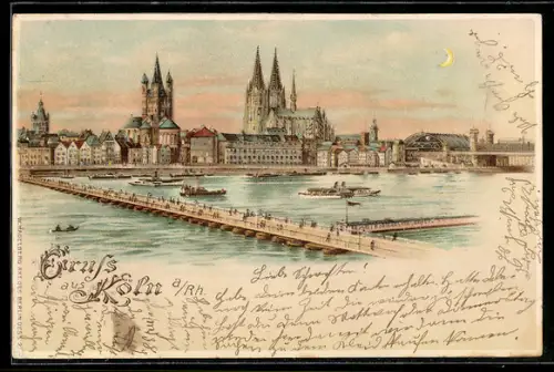 Lithographie Köln, Panorama bei Tag und bei Nacht, Halt gegen das Licht