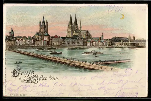 Lithographie Köln, Panorama bei Tag und bei Nacht, Halt gegen das Licht