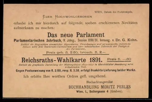 AK Wien, Korrespondenzkarte zur Zusendung des Parlamentarischen Jahrbuches 1890/91, Ganzsache