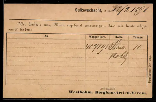 AK Sulkovschacht, Korrespondenzkarte vom Westböhm. Bergbau-Actien-Verein, Ganzsache