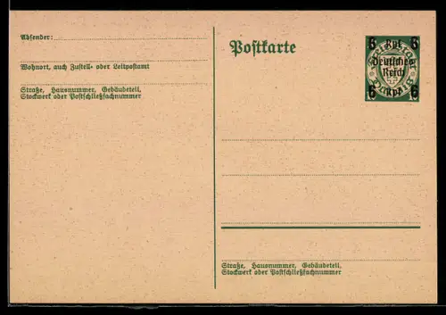 AK Ganzsache Freie Stadt Danzig 10 Pfennig mit Überdruck 6 Reichspfennig