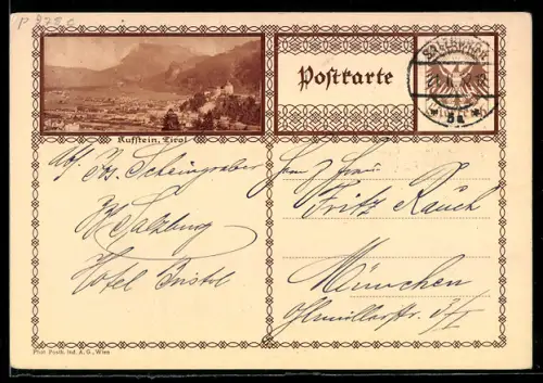 AK Kufstein /Tirol, Ortsansicht mit der Festung, Ganzsache