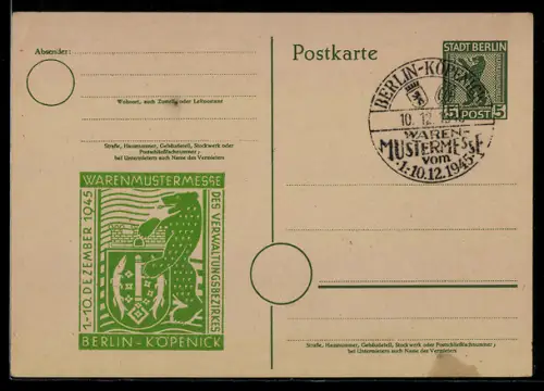 AK Berlin-Köpenick, Warenustermesse des Verwaltungsbezirks Berlin-Köpenick 1945, Ganzsache