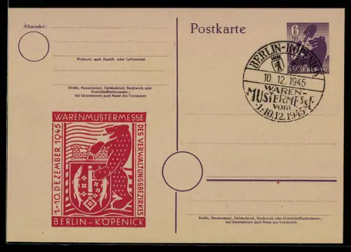 AK Berlin-Köpenick, Warenmuster-Messe 1945, Ganzsache