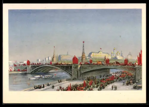 AK Moskau, Ansicht der Brücke über die Moskva und Blick auf den Kreml, Ganzsache