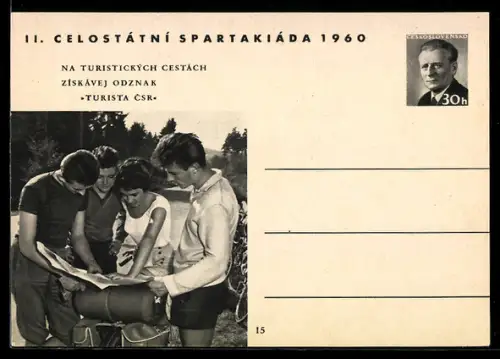 AK II. Celostátni Spartakiáda 1960, Jugendliche bei der Auswertung der Ergebnisse, Ganzsache